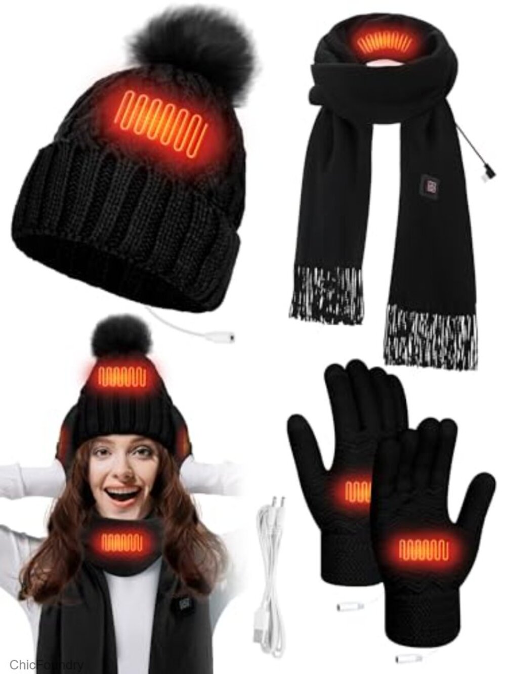 USB Heated Hat Scarf Gloves Set Knitted Fleece Lined Winter Warm 3 Pc